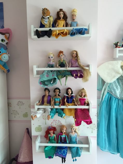 Getting creative with an ikea spice rack!!! # ikeahack Disney Princess Room Decor Ideas, Ikea Spice Rack Ideas, Disney Princess Bedroom Ideas Toddler, Girls Disney Princess Bedroom, Disney Princess Room Ideas Toddler, Disney Bedrooms Kids, Disney Princess Room Ideas, Disney Princess Bedroom Ideas, Barbie Storage Ideas