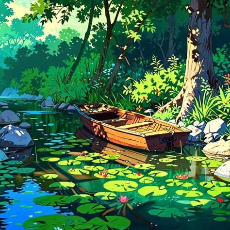 "Serenity at the river's edge: a boat rests quietly by the bank, embraced by nature's calm." #wallpaper #naturewallpapers #wallpapers Riverbank Illustration, Calm Wallpaper, River Edge, River Bank, July 15, Landscape Wallpaper, The Bank, New World, Digital Art