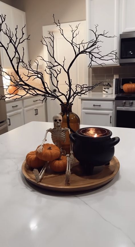 Pagan Halloween Decor, Halloween Aesthetic Kitchen, Halloween Decorative Tray, Halloween Kitchen Decor Cabinets, Tasteful Halloween Decorations, Tabletop Halloween Decor, Halloween Island Centerpiece, Halloween Snack Table Decor, Fall Decor Inspo 2024