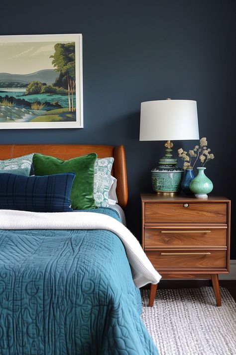 15 Tips for a Stunning Mid-Century Modern Bedroom – Everyday Inspo Mid Century Transitional Bedroom, Navy Headboard Bedroom Ideas, Mid Blue Bedroom, Retro Blue Bedroom, Board Batten Bedroom, Mid Century Modern Interior Paint Colors, Blue Primary Bedroom Ideas, Moody Mcm Bedroom, Mid Century Guest Bedroom