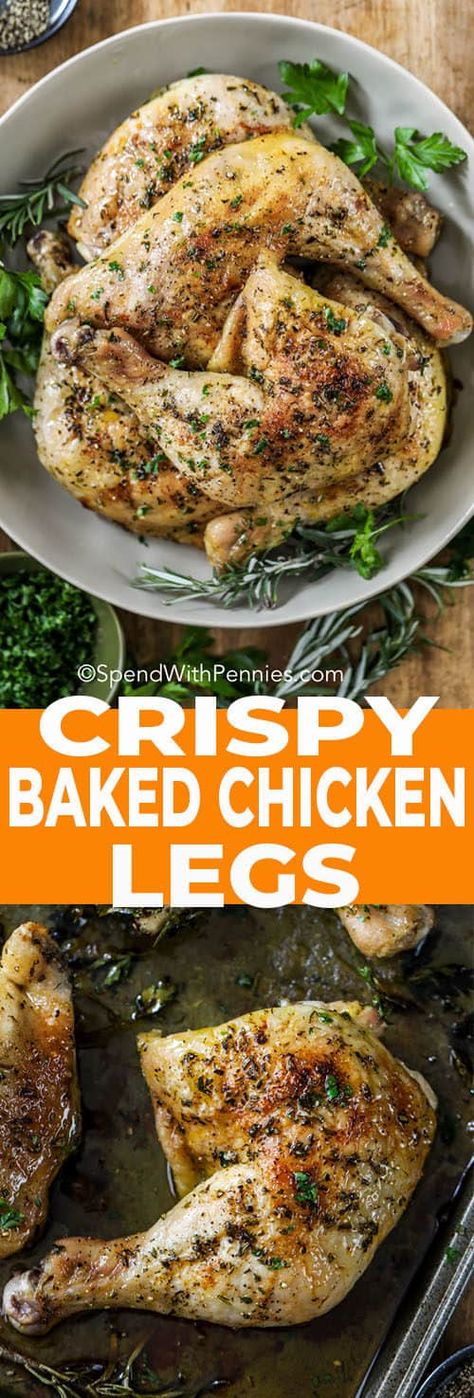 These crispy baked chicken legs are easily made in the oven and are a delicious chicken dinner recipe that requires basic chicken leg quarters, spices, and herbs. #spendwithpennies #chicken #chickenlegs #chickenquarters #bakedchicken #chickenlegquarters Crispy Baked Chicken Legs, Chicken Quarter Recipes, Chicken Leg Quarter Recipes, Chia Recipes, Chicken Dinner Recipe, Leg Quarters, Delicious Chicken Dinners, Chicken Leg Quarters, Chicken Crispy