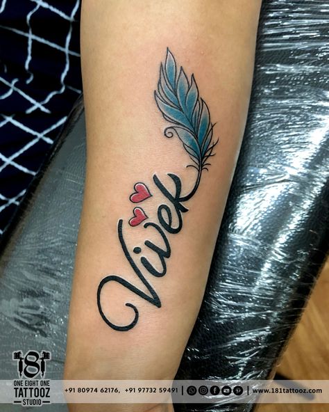 Cute Name Tattoo Name Tattoo With Feather, Feather And Name Tattoo, Vivek Name Tattoo, Name Tattoo Designs For Women, Vicky Name Tattoo, Name Tattoo With Design, Cute Name Tattoos, Name Tattoos For Girls, Tato Nama