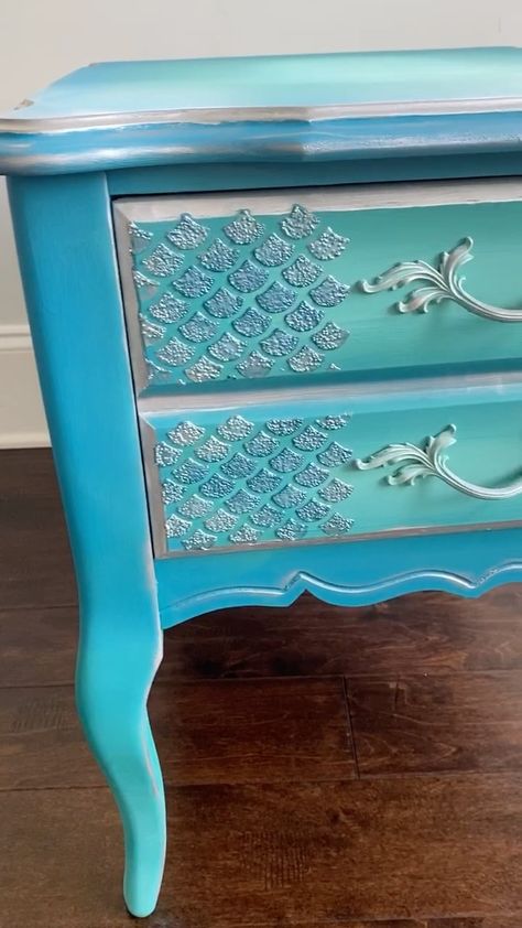 Mermaid Furniture Diy, Ocean Furniture, Mermaid Painted Furniture, Mermaid Desk, Mermaid Dresser, Mermaid Vanity, Mermaid Furniture, Blue Green Bedrooms, Disney Furniture