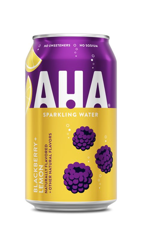 Blackberry + Lemon Sparkling Water | AHA Sparkling Water Design, Lemonade Brand, Beverage Packaging Design, Sparkling Water Bottle, Flavored Water Bottle, Water Flavors, Blackberry Drinks, Blackberry Lemon, Fruit Logo Design