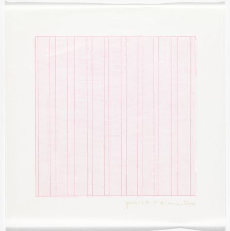 Agnes Martin. Praise from the Rubber Stamp Portfolio. 1976, published 1977. One from a portfolio of thirteen rubber stamps. composition (irreg.): 8 1/16 x 8 5/16" (20.5 x 21.1 cm); sheet: 11 x 11" (28 x 28 cm). Parasol Press, Ltd., New York. Triton Press, New York. 1,000. Gift of Parasol Press, Ltd. and the Publications Department of The Museum of Modern Art. 181.1977.9. © 2019 Estate of Agnes Martin / Artists Rights Society (ARS), New York. Rubber Stamp Portfolio. Drawings and Prints Agnes Martin, Stamp Printing, Taos, Exhibition Poster, Paintings & Prints, Museum Of Modern Art, Geometric Art, Female Artists, Rubber Stamp