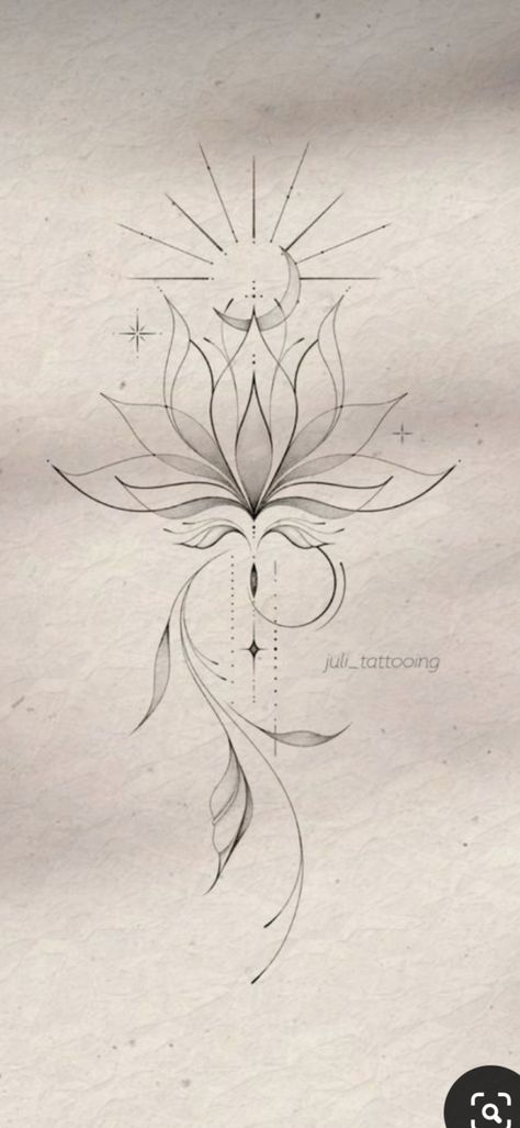 Lotus North Star Tattoo, Lotus Flower Sun Tattoo, Abstract Feminine Tattoo, Subtle Tattoos For Women Inspiration, Inner Healing Tattoo, Lotus Cherry Blossom Tattoo, Lotus Flower Sun And Moon Tattoo, Phoenix Goddess Tattoo, Lotus Tree Tattoo