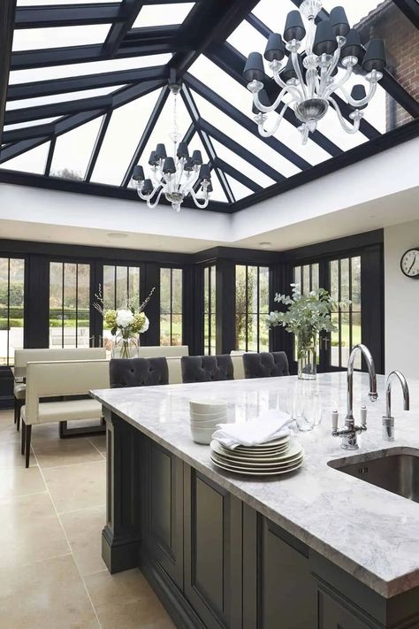 Stylish Luxury Orangery Kitchen Extension in Surrey - David Salisbury Modern Orangery Extension, Conservatory Kitchen Extension, Modern Orangery, Orangery Kitchen, Orangery Extension Kitchen, Orangery Interior, Kitchen Orangery, Orangery Extension, Conservatory Kitchen