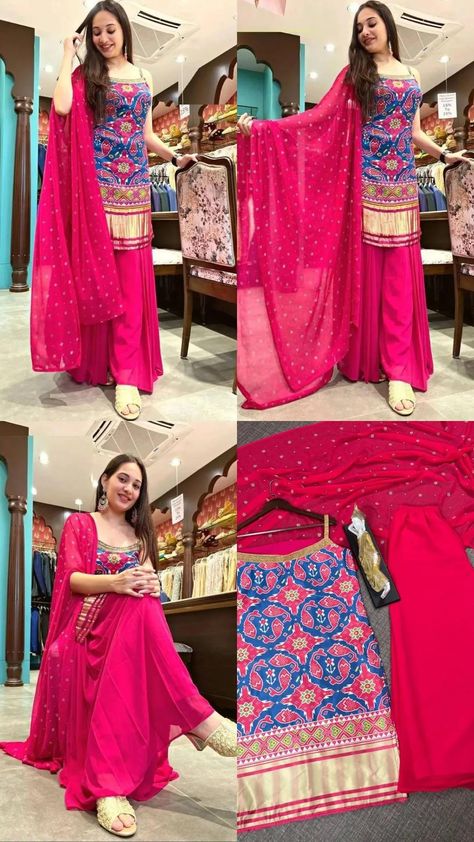 *FANCY PRINTED SUIT SET MAKE U MORE BEAUTIFUL WITH UMBRELLA PLAZO AND DUPATTA* *FABRIC DETAILS:-* # TOP FABRICS : DULL SATIN WITH PRINT AND FANCY LACE WITH SLEEVE #SUIT SIZE : 42” xl (FULLSTITCHED) 2” margin # WORK : PRINTED AND LACE WORK # INNER : SILK # HEIGHT : 36” inch # PLAZO :. GEORGETTE WITH 3meter UMBRELLA FLAIR FREE SIZE FULL STITCHED WITH INNER # HEIGHT : 36” inch # DUPATTA : GEORGETTE WITH EMBROIDERY WORK 2.2meter WEIGHT : 590gm 👗👗👗👗👗👗👗👗👗 Umbrella Plazo With Kurti, Umbrella Plazo Designs, Umbrella Plazo, Plazo With Kurti, Plazo Designs, Top Fabrics, Umbrella Dress, Printed Suit, Fancy Print