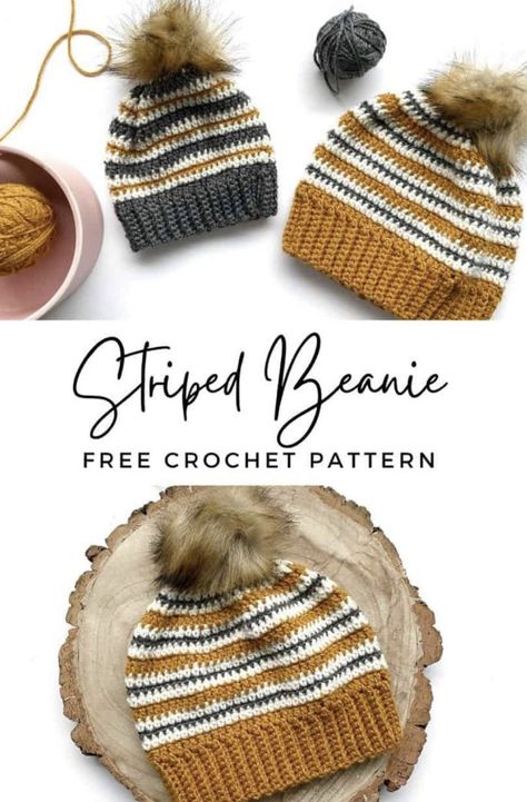 Striped Crochet Beanie Pattern Mommy And Me Crochet Hats Patterns Free, Striped Crochet Beanie, Beanies Crochet, Beanie Hat Crochet Pattern, Beanie Pattern Free, Crochet Beanie Pattern Free, Crochet Adult Hat, Crochet Beanies, Crochet Men