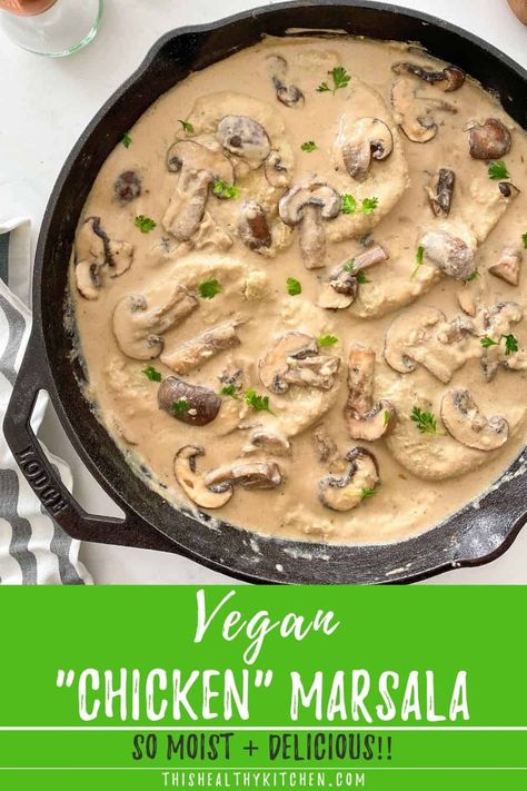 This veganized Italian classic will knock your socks off! Seitan chicken marsala is moist, tender, filled with flavour, and completely addictive! You just might impress your Italian grandma with this one. Meatless Chicken, Seitan Chicken, Italian American Food, Marsala Chicken Recipes, Vegan Chicken, Veggie Delight, Chicken Marsala, Healthy Kitchen, Seitan