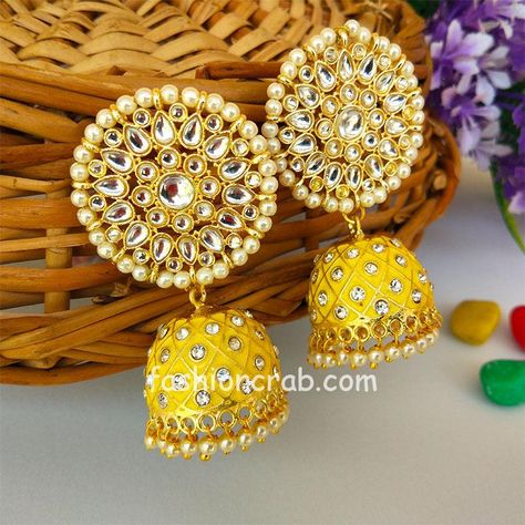 Yellow Traditional Jhumka Earring for Wedding Yellow Jhumka, Earring Photography, Traditional Jhumka, Meenakari Jewellery, Dress Anarkali, Royal Jewellery, Lehenga Dress, Suit For Wedding, Meenakari Earrings