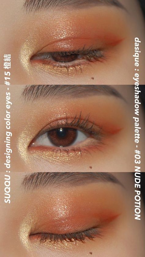 Makeup Asian Eyes, Gold Eye Look, Orange Eye Makeup, Makeup Ojos, Asian Makeup Looks, Korean Makeup Look, Makeup Korean, Gold Eye Makeup, Orange Makeup