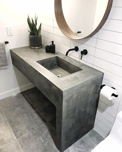 The Compound Concrete on Instagram: “Waterfall bathroom vanity w/ 10” edge profile + 4” leg at @anthonywdesign Waterfall project is so beautiful in this home with a masculine…” Concrete Quartz Countertops Bathroom, Waterfall Countertop Bathroom, Concrete Counter Bathroom, Concrete Vanity Bathroom, Floating Sink Bathroom, Concrete Bathroom Countertops, Waterfall Bathroom Vanity, Concrete Sink Bathroom, Concrete Bathroom Vanity