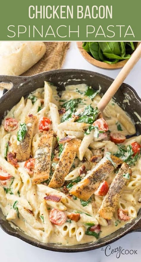 chicken bacon spinach pasta in a pot with a wooden spoon Bacon Spinach Pasta, Chicken Bacon Spinach Pasta, Ranch Chicken Pasta, Tomatoes And Chicken, Eating At A Restaurant, Bacon Ranch Chicken, Loaded Chicken, Chicken Tomatoes, Bacon Ranch Pasta