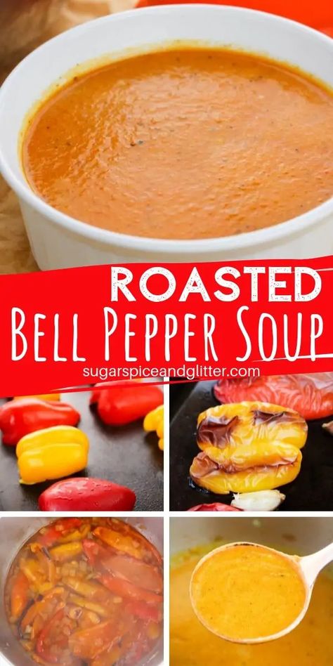 Gluten Free Bell Pepper Recipes, Keto Pepper Soup, Bell Pepper Soup Recipes, Red Bell Pepper Soup Roasted, How To Use Bell Peppers, Spicy Roasted Red Pepper Soup, Canned Bell Pepper Recipes, Roasted Red Pepper Soup Vegan, Roasted Red Pepper Soup Easy