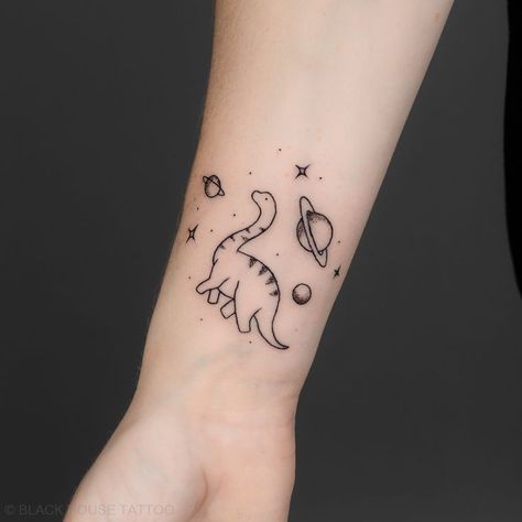 Small Dinosaur Tattoo, Cover Tattoos, Dinosaur Tattoo, House Tattoo, Minimalistic Tattoo, Tattoo On Forearm, Dinosaur Tattoos, Small Forearm Tattoos, Mommy Tattoos