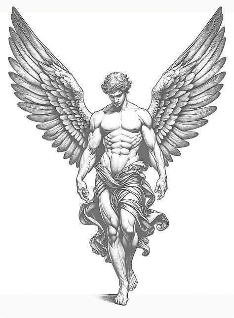 Male Angel Tattoo Designs, Gothic Chest Tattoo Men, Angel Sketch Tattoo, Flying Angel Drawing, Sketches Of Angels, Angel Tattoo Back, Angel Wings Sketch, Angel Tattoo For Men, Arcangel Tattoo