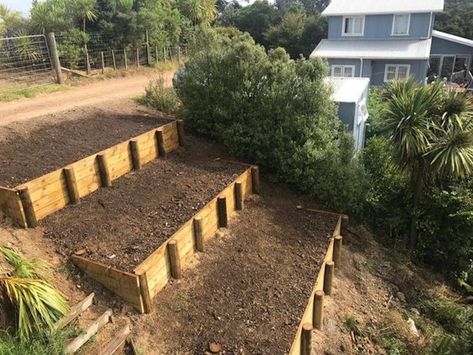 Sloped Property Landscaping, Raised Garden Beds On A Slope, Hill Landscaping Ideas, Natural Pathway, Terraced Vegetable Garden, Backyard Christmas, Backyard Hill Landscaping, Steep Gardens, Sloped Backyard Landscaping