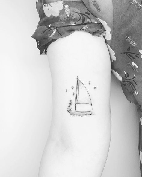 Line Sailboat Tattoo, Fine Line Lighthouse Tattoo, Lifeboat Tattoo, Dainty Nautical Tattoo, Hammock Tattoos, Sailboat Sunset Tattoo, Minimal Ship Tattoo, Water And Stars Tattoo, Small Boat Tattoo Simple