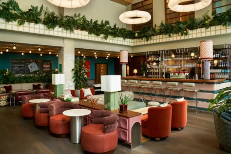 The Hoxton Brussels Revives the 1970s with Brutalism and Botany Terrazzo Table Top, Hoxton Hotel, Hotel Restaurant Design, Bar Bites, Hotel Hoxton, Terrazzo Table, Blue Tile Wall, Bar Restaurant Design, The Hoxton