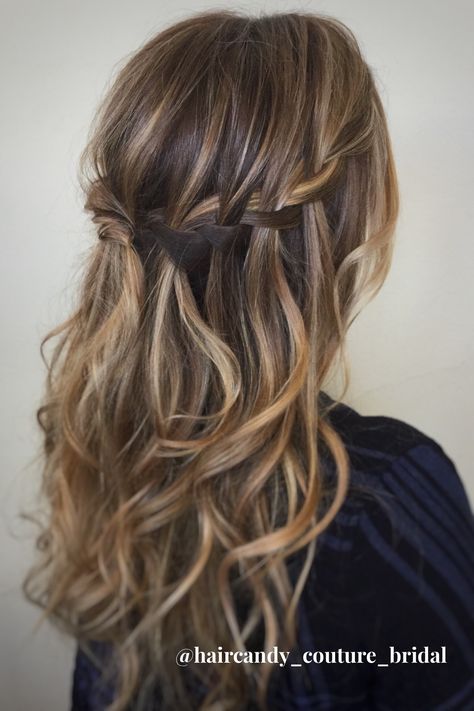 Waterfall braid, half up style, wedding hair Curled Hair With Waterfall Braid, Curled Hair With Braid Half Up, Waterfall Braid Bridal Hair, Half Up Half Down Hair Waterfall Braid, Wedding Waterfall Braid, Waterfall Braid Bridesmaid, Half Up Half Down Waterfall Braid, Waterfall Braid Front View, Bridesmaid Hair With Braid Half Up