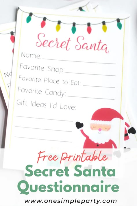 Secret Santa Rules, Kids Christmas Parties, Printable Secret Santa Questionnaire, Secret Santa Questions, Secret Santa Templates, Secret Santa Form, Santa Questionnaire, Secret Santa List, Free Organizing Printables