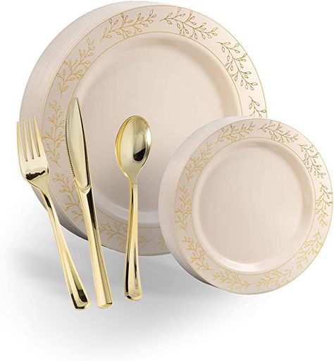 Exquisite 200 Pcs Heavyweight Disposable Plastic Plates and Cutlery Set Includes 40 Gold Leaf Trim Dinner Plates 40 Gold Dessert Plates and 40 Pcs of Glossy Gold Plastic Forks Knives and Spoons Wine Red Wedding, Plates And Cutlery, Washing The Dishes, Gold Plastic Plates, White Plastic Plates, Gold Dessert, Disposable Plastic Plates, Rose Gold Leaf, Pink Napkins