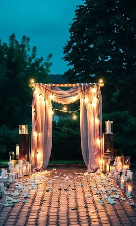 Night Wedding Ceremony, Backyard Wedding Ceremony, Wedding Setup, Starry Night Wedding, Ceremony Candles, Wedding Arch Rustic, Rustic Wedding Decorations, Wedding Altars, Wedding Ceremony Backdrop