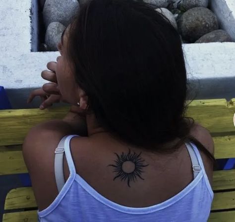 Upper Back Women Tattoo, Sun Of May Tattoo, Upper Back Sun Tattoo, Sun On Back Tattoo, Sun Back Tattoo Women, Back Tattoos Upper, Back Tattoo Upper, Fitness Tattoo Ideas, Back Tattoo Sun