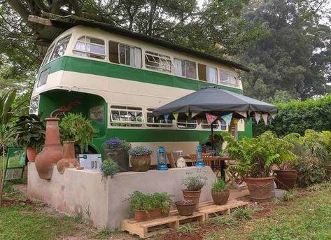 The Brandy Bus in Nairobi, Kenya Living In A Double Decker Bus, Converted Double Decker Bus, Double Decker Bus Home, Double Decker Bus House, Double Decker Bus Conversion, Renovated Bus, Bus Restaurant, Bus Remodel, Converted School Bus