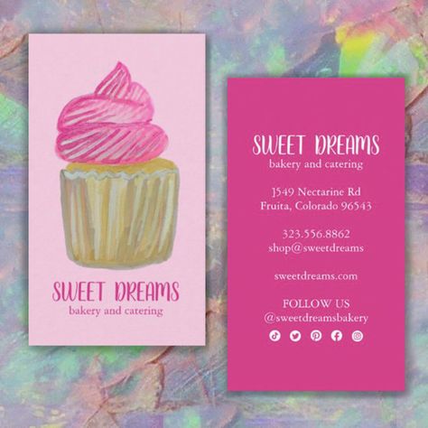 Sweet Cupcake Catering Bakery Pink Social Icons Business Card Watercolor Cupcake, Card Edit, Bakery Business Cards, Sweet Cupcake, Bakery Branding, Business Card Designs, Sweet Cupcakes, Baking Business, Business Card Inspiration