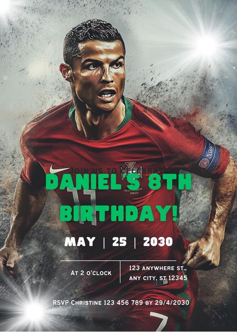 **Digital Ronaldo Birthday Invitation - Perfect for Ronaldo and Soccer Fans Celebrate your child's special day with a kick of excitement! Our digital Ronaldo birthday invitation is designed for all the young soccer enthusiasts and fans of the legendary Cristiano Ronaldo. This vibrant and eye-catching invitation will set the tone for an unforgettable birthday celebration filled with fun, friends, and, of course, soccer! **Product Details - **Digital Download This is a digital product, and no phys Cristiano Ronaldo Party Theme, Ronaldo Birthday Invitation, Messi Birthday Invitation, Fifa Birthday Invitation, Cristiano Ronaldo Birthday, Soccer Theme Invitation Card, Ronaldo Birthday, Fun Friends, Soccer Fans