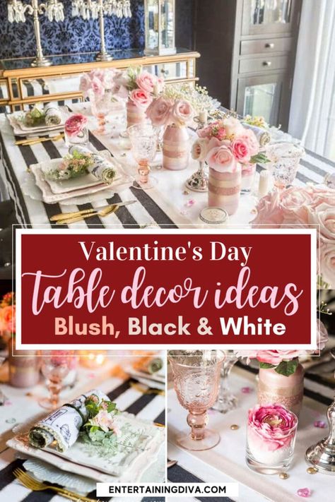 Great romantic table decorating ideas! I love the black, white and blush pink colors together. This table setting is gorgeous and would be perfect for a garden party in the spring. Black And White Garden Party, Blush And Black Table Setting, Black White Gold Pink Table Decor, Blush Black And Gold Table Setting, Black White Pink Table Setting, Black Red And Pink Table Decor, Blush Tablescape, Black Tablescape, Dinner Party Tablescapes