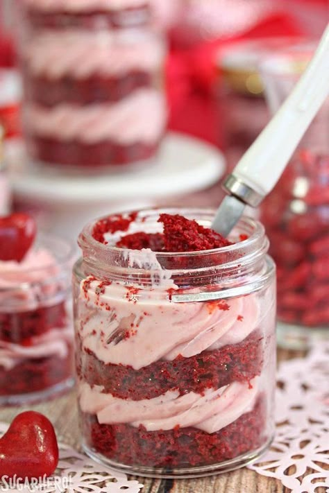 Source: sugarhero.com 7. Red Velvet Jar Cakes It doesn’t get any more romantic than these red velvet jar cakes. Moist homemade red velvet cake is baked on a sheet, cut into circles, then layered with two helpings of a delicious pink strawberry rose cream cheese frosting. Find everything from dessert grilled cheese to scrumptious cupcakes at Sugar Hero.Continue Reading... Cake Jar Ideas, Mason Jar Treats, Cake In Jar, Mason Jar Desserts Recipes, Homemade Red Velvet Cake, Valentines Cakes And Cupcakes, Mason Jar Cakes, Jar Cakes, Desserts In A Jar