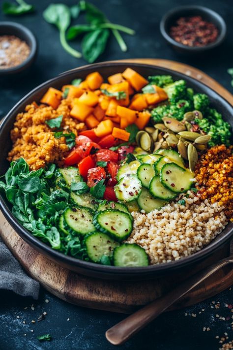 A colorful quinoa bowl with fresh vegetables, cucumbers, tomatoes, squash, greens, and pumpkin seeds. Heart Healthy Plant Based Recipes, Vegan Aesthetic Food, Balanced Vegetarian Meal, Whole Food Plantbased Recipes, Veggie Based Meals, Wfpb Meals, Whole Plant Based Diet, Plant Based Whole Food Recipes, Vegan Food Photography