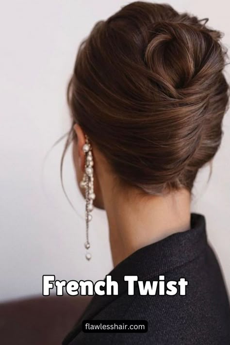 French Twist Old Money Hairstyles Wedding, French Twist Updo Brown Hair, Bridal Hair Elegant Classy, Classic Chignon Updo, Brunette French Twist, Loose French Twist Wedding, French Twist Bridesmaid Hair, Formal High Bun Updo, French Twist Wedding Hair With Veil