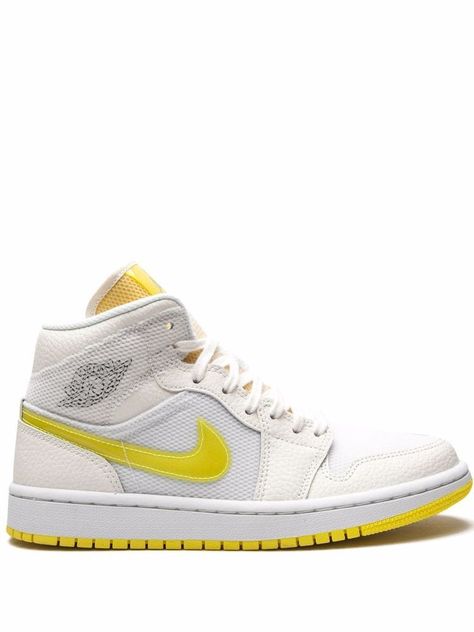 Yellow Jordans, Quinceanera Shoes, Nike Shoes Girls, Yellow Sneakers, White Jordans, Air Jordan 1 Mid Se, Yellow Nikes, Custom Nike Shoes, Jordan Air