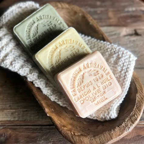 These authentic 100% natural and organic French Soaps are made from pure Marseille with Organic oil. This 3 piece set includes one lavender, one honey, and one clay soap. Each bar is stamped and are beautiful to fill jars, baskets, and dishes for your bath. The delicate scents fill the air with a fresh, clean aroma while soothing and softening your skin with nurturing oil. Made in France Each bar is approximately 4.2 oz. For White Enamel Soaps Bowl click here. For Wall Mounted Soap Dish click he French Soap Packaging, Soap Dish Ideas, Bar Dish Soap, Custom Soap Molds, Spa Vibes, Aleppo Soap, French Soap, Soap Packing, Marseille Soap