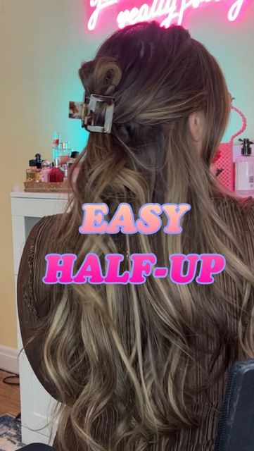 Long Hair Half Up Claw Clip, Half Up Messy Bun With Claw Clip, Cute Hair Styles With Clip In Extensions, Wearing Hair In Claw Clip, How To Use Mini Claw Clips, Half Up Small Claw Clip, Half Up Do With Claw Clip, Easy Half Up Claw Clip Hairstyles, Half Up Hairstyles With Clip