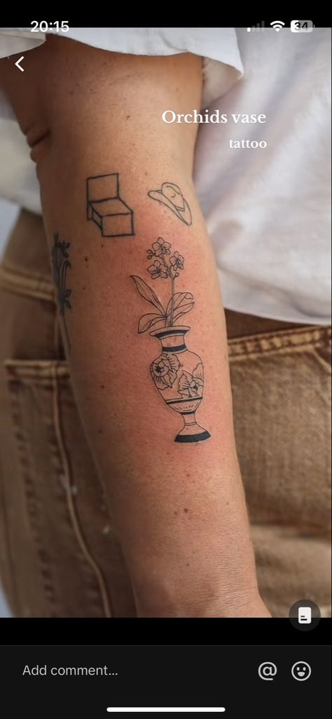 Orchid In Vase Tattoo, Vase Tattoo Fine Line, Pot Plant Tattoo, Greek Pot Tattoo, Small Vase Tattoo, Vase Tattoo Placement, Minimal Vase Tattoo, Plant Vase Tattoo, Vase Of Flowers Tattoo