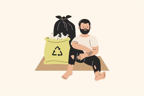 Homeless Man Sitting near Garbage, Illustrations ft. homeless & jobless - Envato Elements Man Illustration, Social Problem, Man Sitting, Blog Video, Music Logo, Nature Sounds, Royalty Free Music, Music Design, Donate To Charity