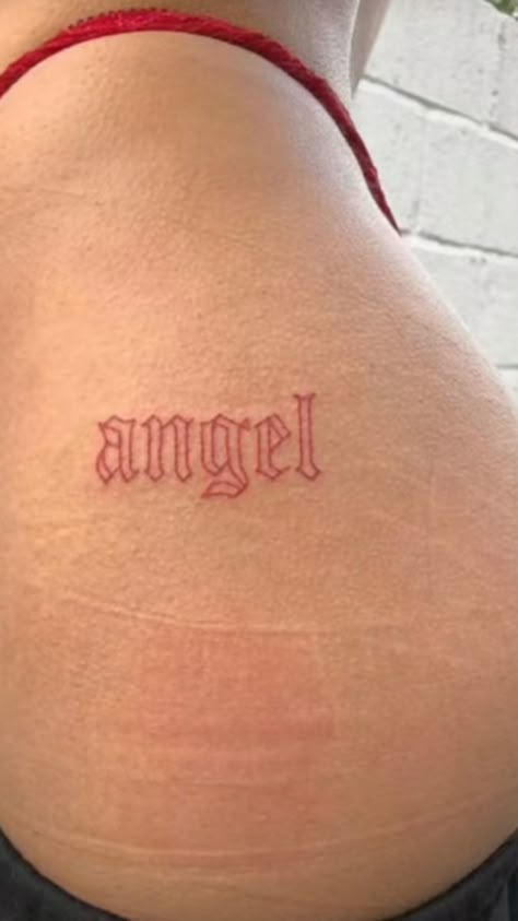 Angel Red Tattoo, Red Ink Angel Tattoo, Word Angel Tattoo, Red Cursive Tattoo, Red Angel Tattoo, Angel Word Tattoo, Angel Name Tattoo, Old English Tattoo, 777 Tattoo