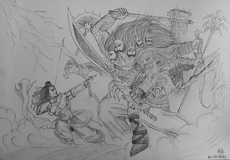 Ram and Raavan Sketch Ravan Sketch, Vimanika Comics, Dussehra Drawing, Ram Sketch, Comics Background, Ram Setu, Background Song, Pencil Sketch Drawing, Happy Dussehra