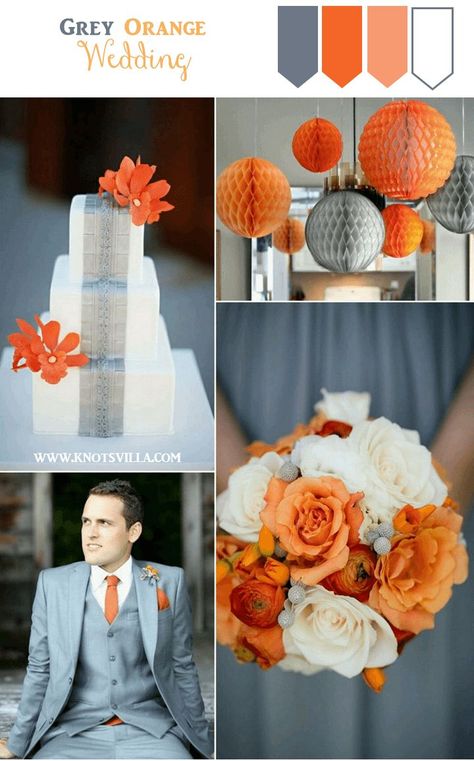 Grey and Orange. Grey Wedding Ideas: 3 Perfect Colors to combine with Grey » KnotsVilla What Color Goes With Orange, Orange And Gray Wedding, Grey Wedding Ideas, Orange Grey Wedding, Orange Wedding Themes, Fall Color Schemes, Wedding Color Scheme, Wedding Color Combinations, Burnt Orange Weddings