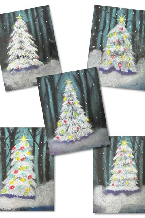 These lovely chalk pastel Chrsitmas trees were created by kids ages 9-11. The woods in the background and snow falling add to these beautiful trees. Follow for more art ideas for kids. Winter Art Project | Christmas Art Projects 2nd Grade Christmas Crafts, Kids Christmas Painting, Pastel Christmas Tree, Holiday Art Projects, Winter Art Lesson, Chalk Pastel Art, Surrounded By Love, Christmas Art Projects, Fall Arts And Crafts