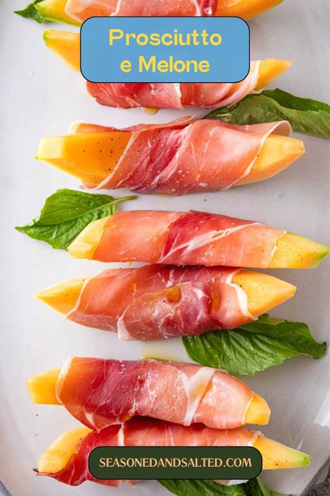 Impress your guests with this simple yet elegant appetizer: Prosciutto e Melone. The melon pairs beautifully with the saltiness of the prosciutto! Cantaloupe And Prosciutto Appetizers, Cantelope Melon Prosciutto, Melon And Prosciutto Appetizers, Appetizer Prosciutto, Ham And Melon, Proscuitto Appetizers, How To Make Prosciutto, Watermelon Appetizer, Prosciutto Appetizer