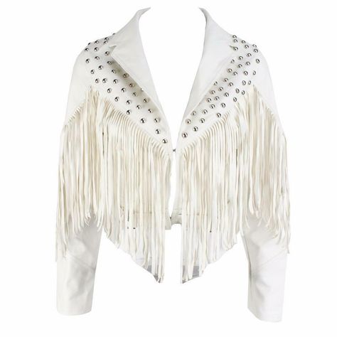 White Fringe Leather Jacket, White Fringe Jacket, Vintage Party Dresses, Fringe Leather Jacket, White Fringe, Studded Jacket, Slim Fit Jackets, 2017 Fashion Trends, Fringe Jacket