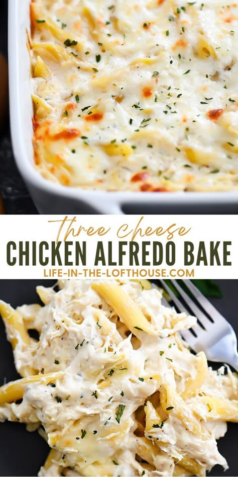 Three Cheese Chicken Alfredo Bake is cheesy, creamy heaven with Ricotta, Parmesan and Mozzarella cheese. Life-in-the-Lofthouse.com Rice Ideas, Alfredo Recipes, Alfredo Bake, Towel Origami, Pasta Ideas, Turkey Ideas, Chicken Alfredo Bake, Pepper Recipes, Chicken Alfredo Pasta