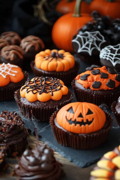 Halloween dessert ideas. A close-up of various Halloween-themed cupcakes arranged on a dark surface. The cupcakes are decorated with orange and black frosting, featuring designs like pumpkins, spider webs, and spooky patterns. The background includes small pumpkins and a dark fabric, adding to the Halloween atmosphere. Witch Hat Cupcakes, Halloween Dessert Ideas, Vegan Thanksgiving Dessert, Spooky Halloween Desserts, Hat Cupcakes, Witch Cupcakes, Black Frosting, Vanilla Oreo, Halloween Brownies