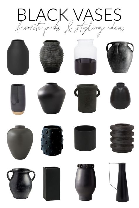 A collection of black vase options to use in fall and winter styling. Whether you get a black ceramic vase, metal or glass, there are so many possibilities! Also includes inspiration images on how to style these accessories for the fall months! Set Of Black Vases, Modern Black Vase, Black Matte Vase, Black Vase Kitchen Island, Black Terracotta Vase, Black Decor Pieces, Black Vase With Greenery, Black Pottery Vase, Large Black Vase